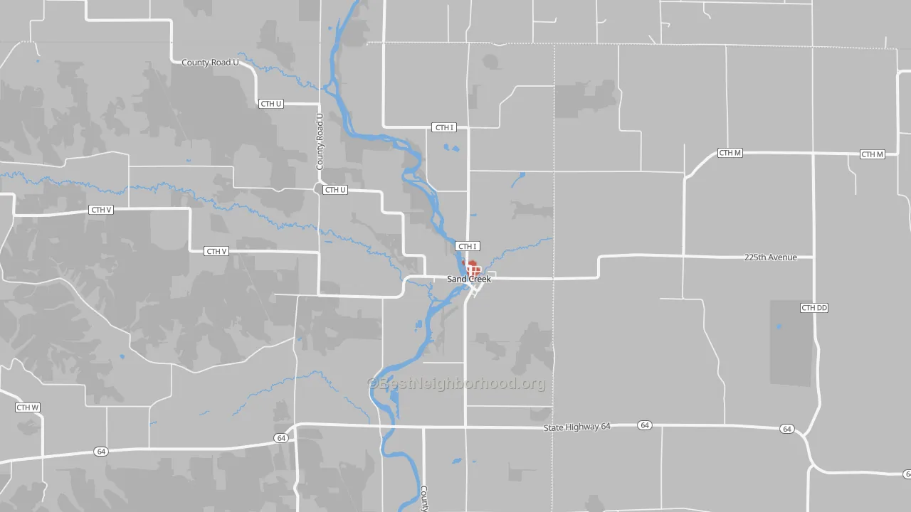 Walk Grade map of Sand Creek, WI, walkable areas in green and car-dependent areas in red