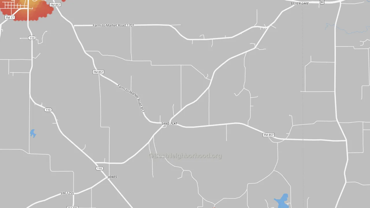 Walk Grade map of Sand Flat, TX, walkable areas in green and car-dependent areas in red