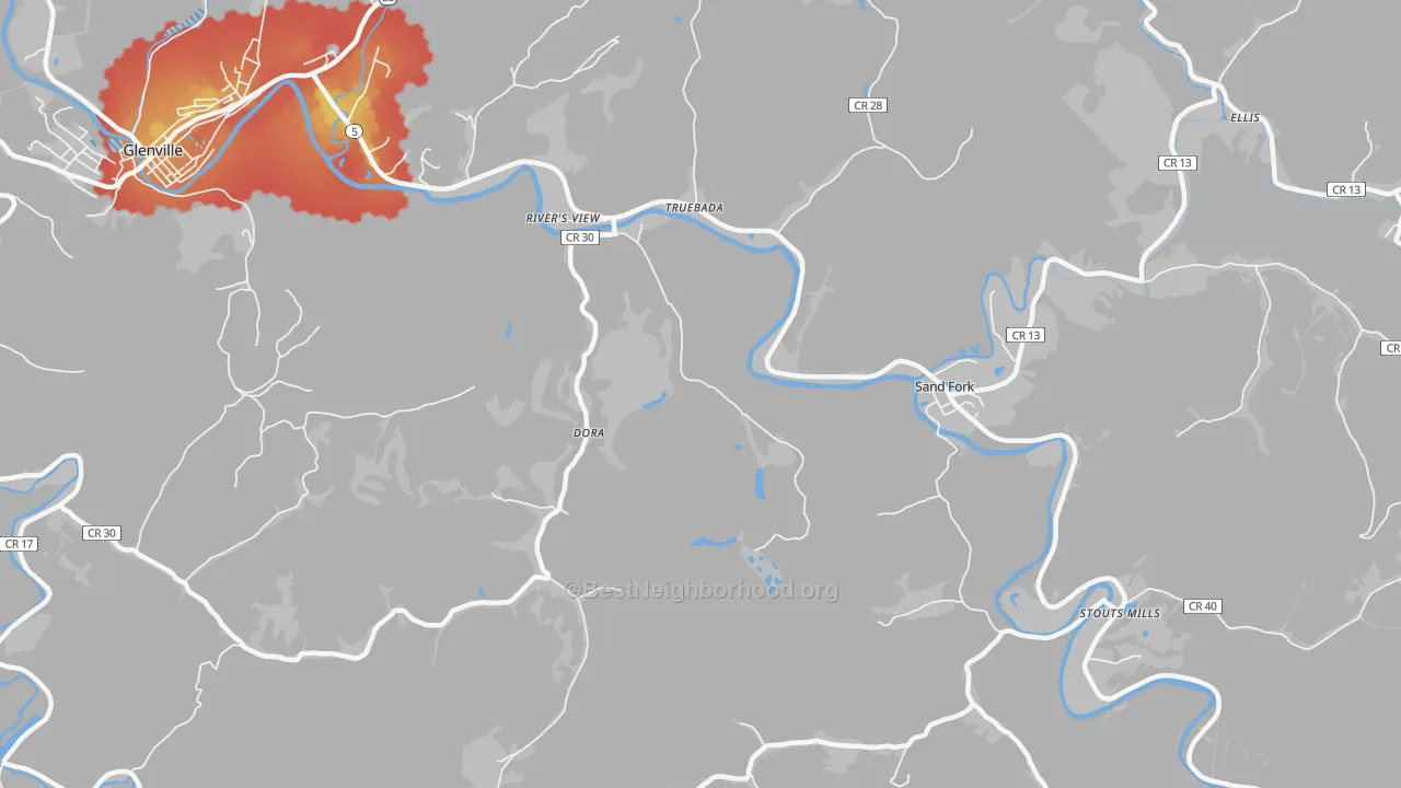 Walk Grade map of Sand Fork, WV, walkable areas in green and car-dependent areas in red