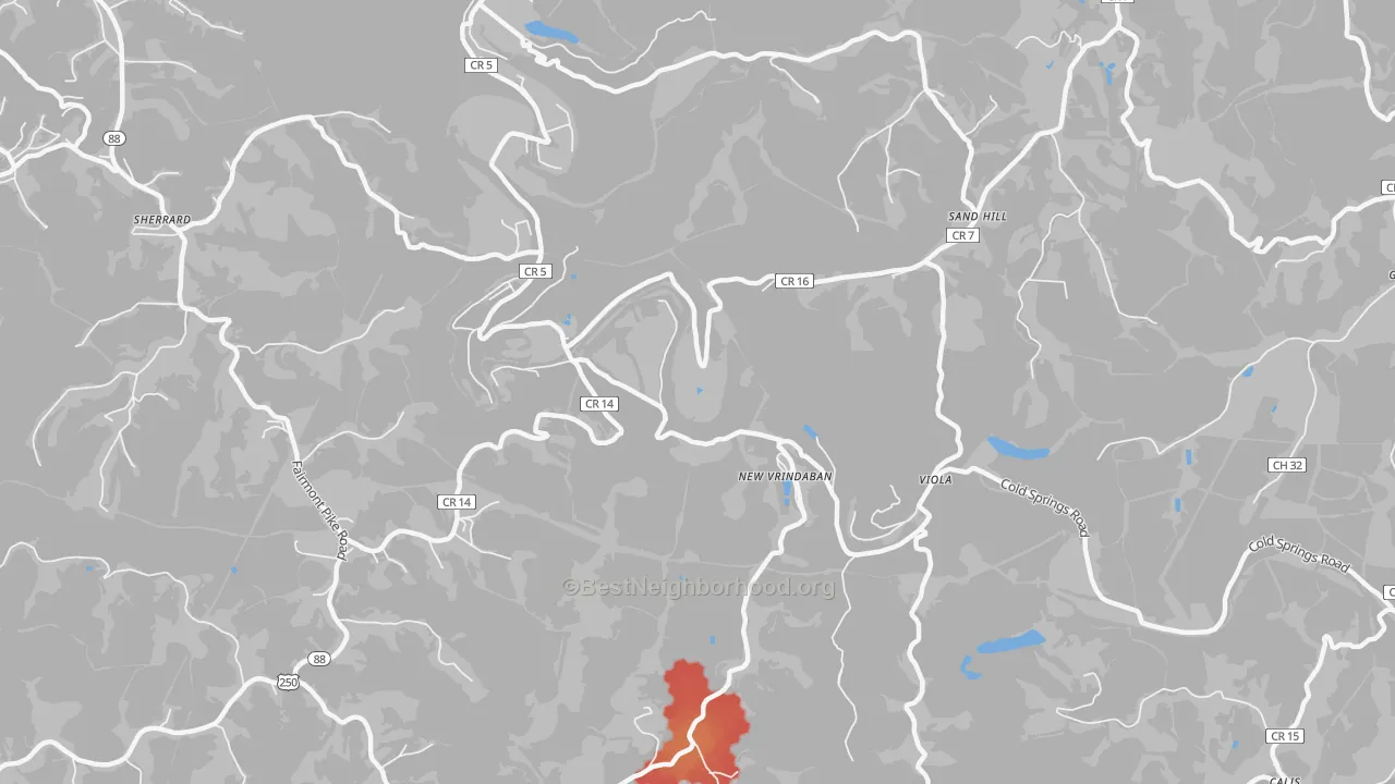 Walk Grade map of Sand Hill, WV, walkable areas in green and car-dependent areas in red