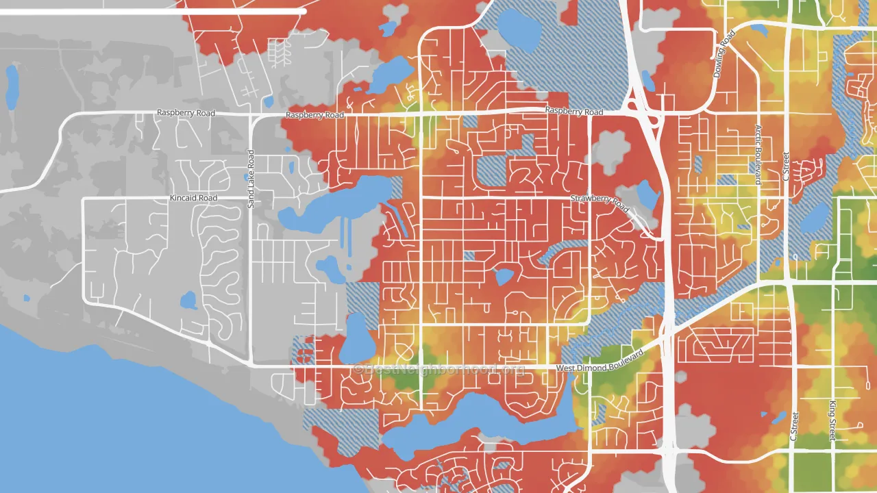 Walk Grade map of Sand Lake, Anchorage, AK, walkable areas in green and car-dependent areas in red