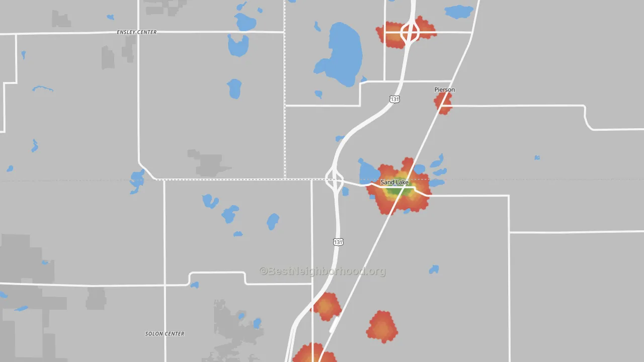 Walk Grade map of Sand Lake, MI, walkable areas in green and car-dependent areas in red