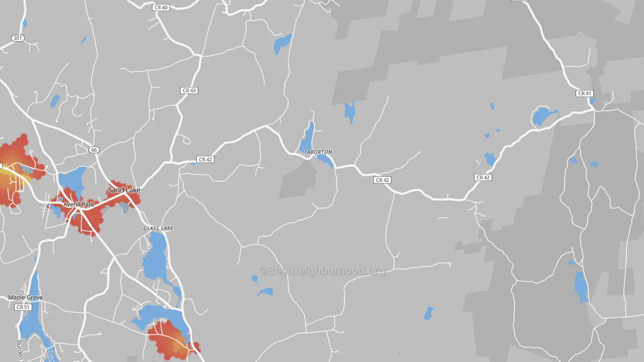 Walk Grade map of Sand Lake, NY, walkable areas in green and car-dependent areas in red