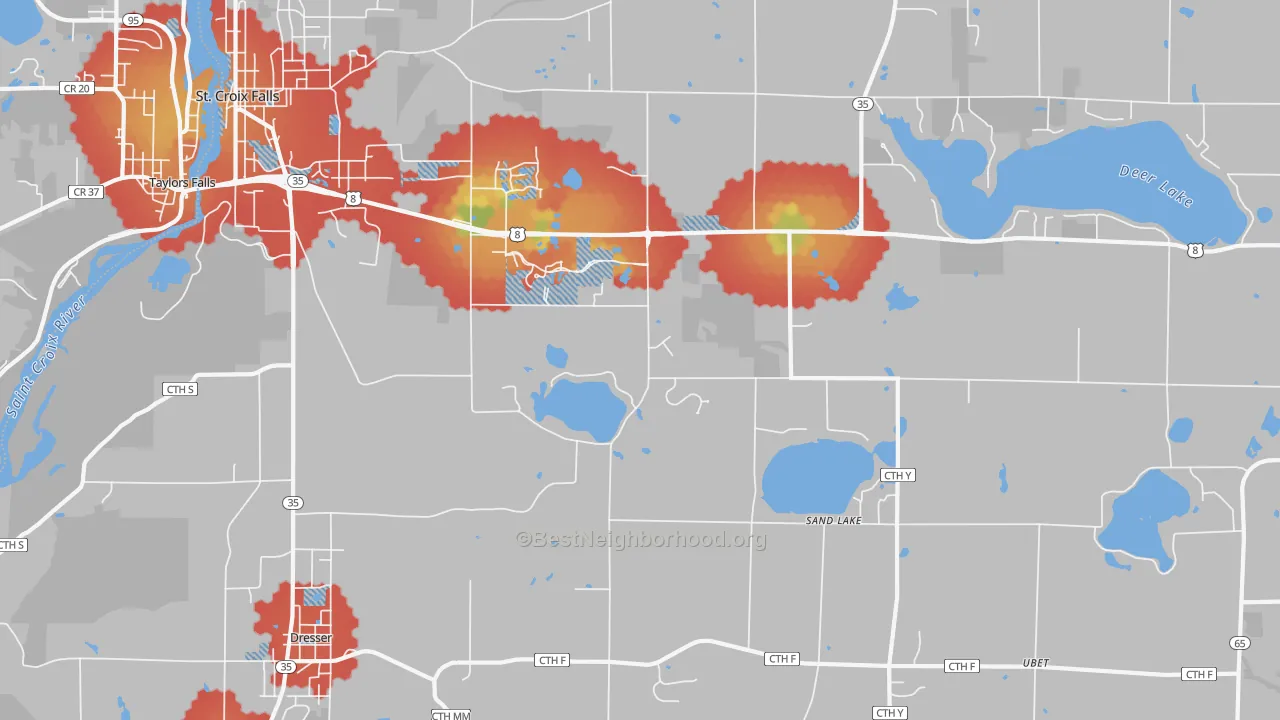 Walk Grade map of Sand Lake, WI, walkable areas in green and car-dependent areas in red