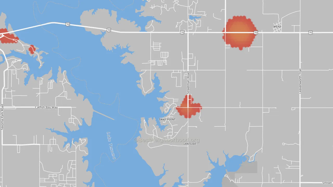 Walk Grade map of Sand Point, OK, walkable areas in green and car-dependent areas in red