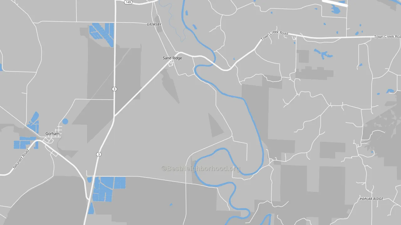 Walk Grade map of Sand Ridge, IL, walkable areas in green and car-dependent areas in red
