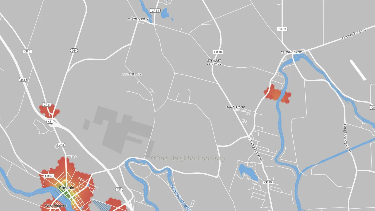 Walk Grade map of Sand Ridge, NY, walkable areas in green and car-dependent areas in red