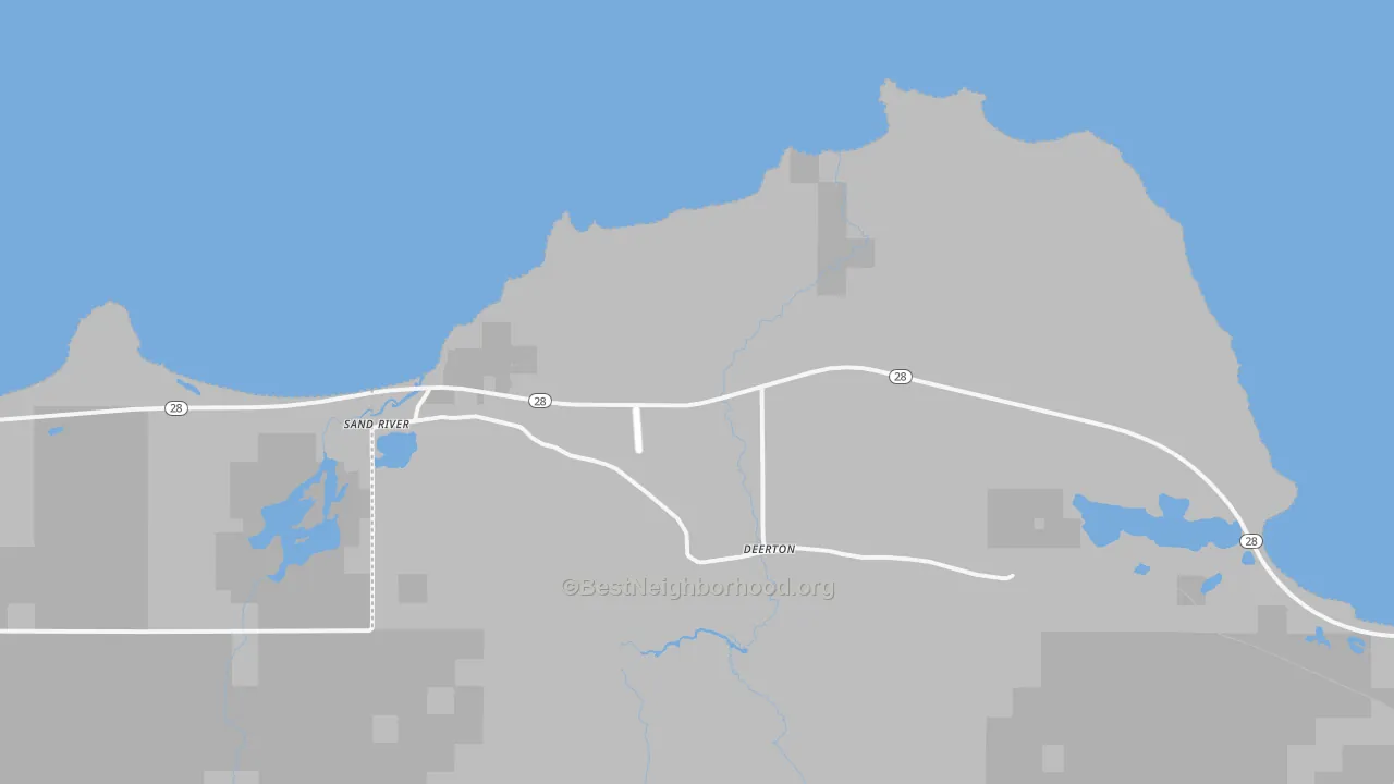 Walk Grade map of Sand River, MI, walkable areas in green and car-dependent areas in red