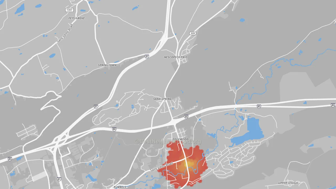 Walk Grade map of Sand Spring, PA, walkable areas in green and car-dependent areas in red