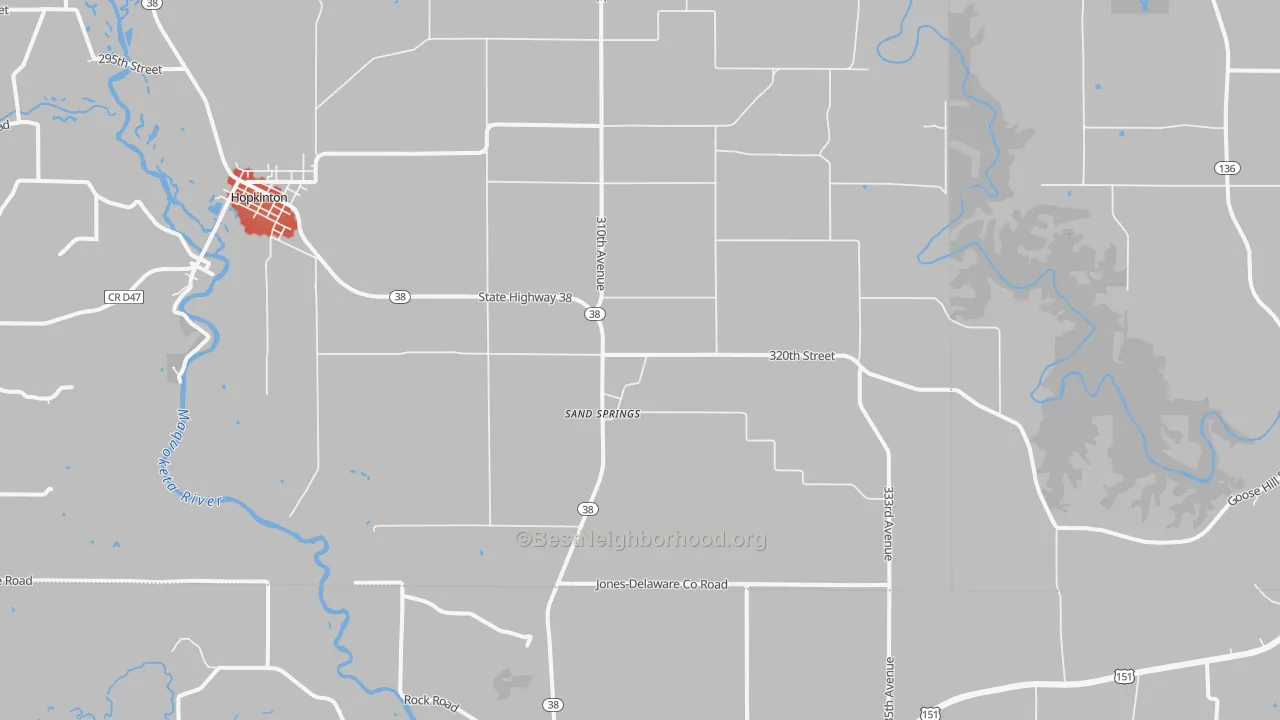 Walk Grade map of Sand Springs, IA, walkable areas in green and car-dependent areas in red