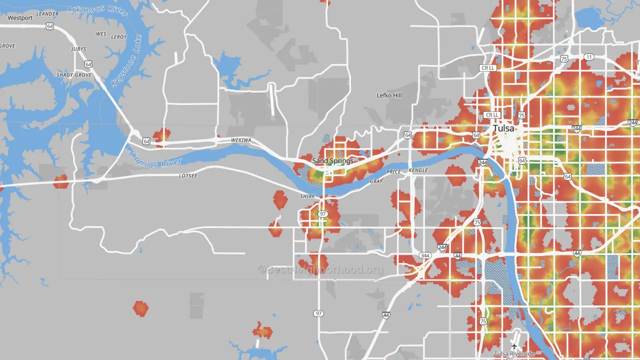 Walk Grade map of Sand Springs, OK, walkable areas in green and car-dependent areas in red