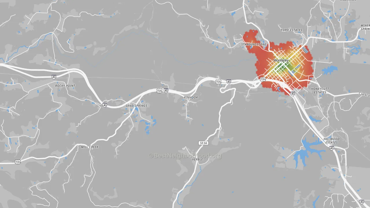 Walk Grade map of Sand Springs, TN, walkable areas in green and car-dependent areas in red