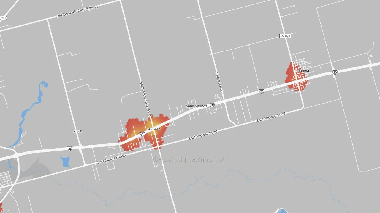Walk Grade map of Sand Springs, TX, walkable areas in green and car-dependent areas in red