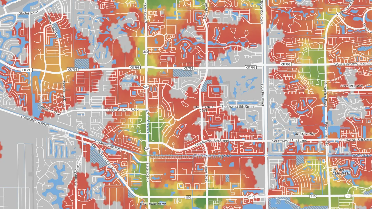 Walk Grade map of Sandalfoot Cove, Boca Raton, FL, walkable areas in green and car-dependent areas in red