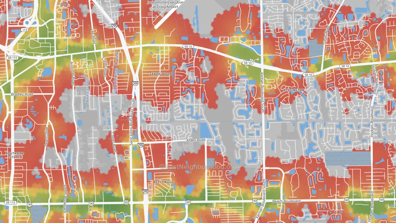 Walk Grade map of Sandalwood, Jacksonville, FL, walkable areas in green and car-dependent areas in red