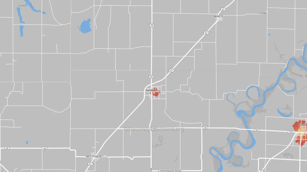 Walk Grade map of Sandborn, IN, walkable areas in green and car-dependent areas in red