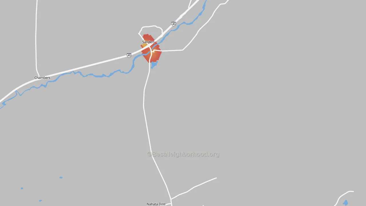 Walk Grade map of Sanders, AZ, walkable areas in green and car-dependent areas in red