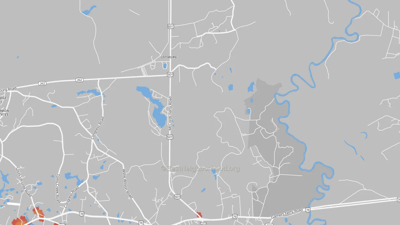 Walk Grade map of Sanders Corner, SC, walkable areas in green and car-dependent areas in red