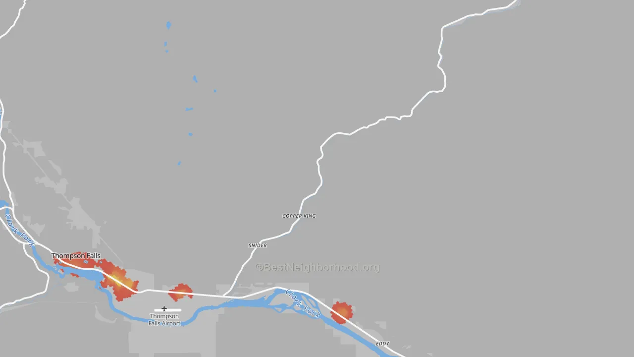 Walk Grade map of Sanders County, MT, walkable areas in green and car-dependent areas in red