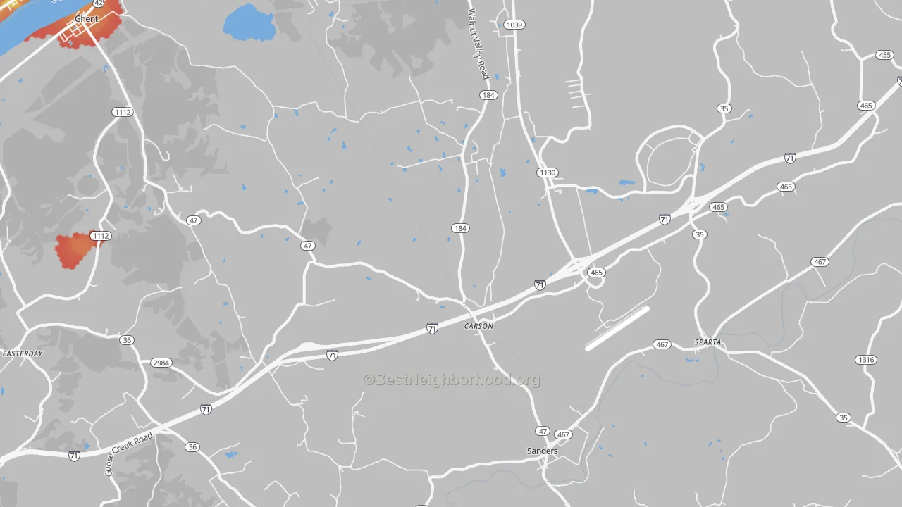 Walk Grade map of Sanders, KY, walkable areas in green and car-dependent areas in red