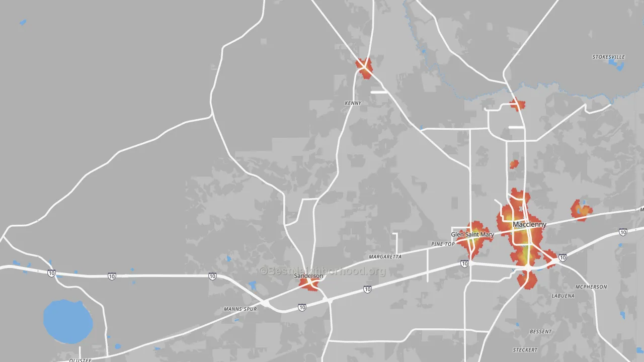 Walk Grade map of Sanderson, FL, walkable areas in green and car-dependent areas in red