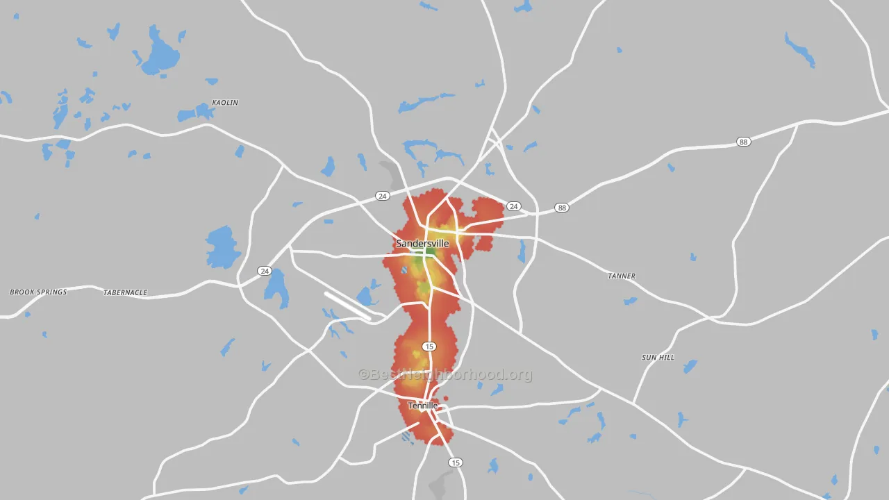 Walk Grade map of Sandersville, GA, walkable areas in green and car-dependent areas in red