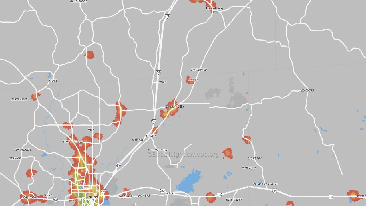 Walk Grade map of Sandersville, MS, walkable areas in green and car-dependent areas in red