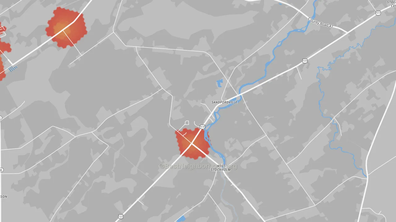 Walk Grade map of Sandfordville, NY, walkable areas in green and car-dependent areas in red