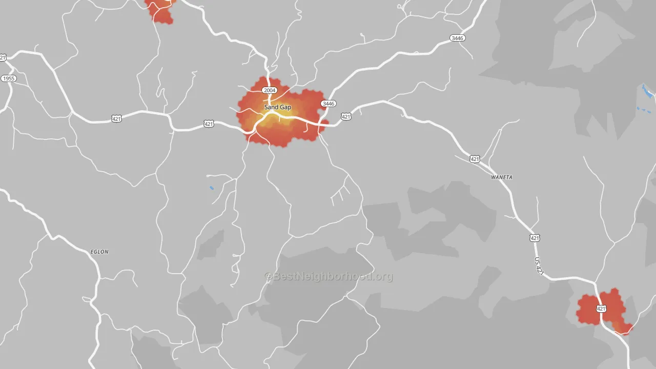 Walk Grade map of Sandgap, KY, walkable areas in green and car-dependent areas in red
