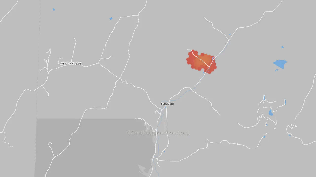 Walk Grade map of Sandgate, VT, walkable areas in green and car-dependent areas in red