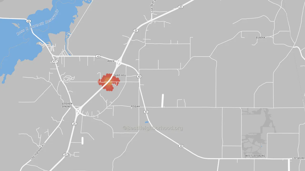 Walk Grade map of Sandhill, MS, walkable areas in green and car-dependent areas in red