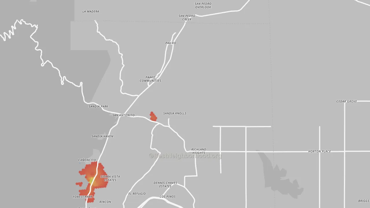 Walk Grade map of Sandia Park, NM, walkable areas in green and car-dependent areas in red