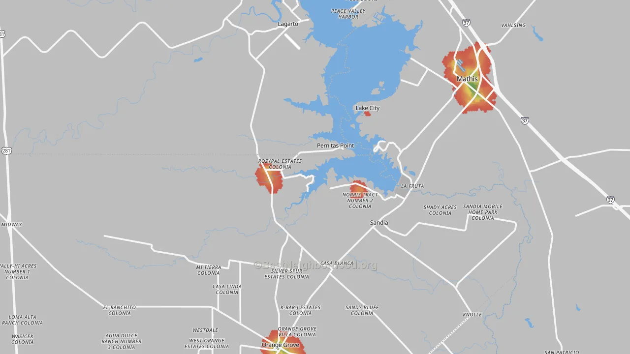 Walk Grade map of Sandia, TX, walkable areas in green and car-dependent areas in red