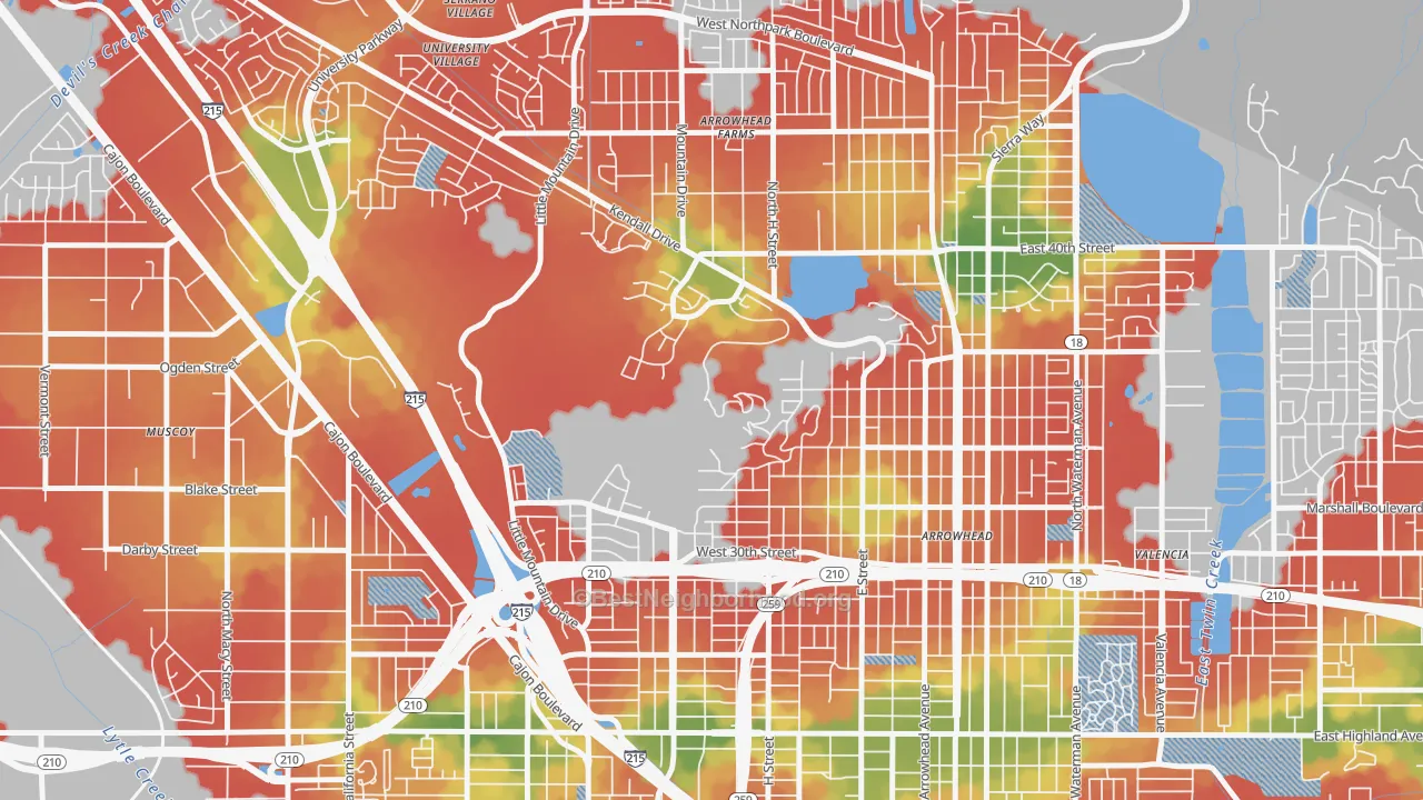 Walk Grade map of Sandin Hills, San Bernardino, CA, walkable areas in green and car-dependent areas in red