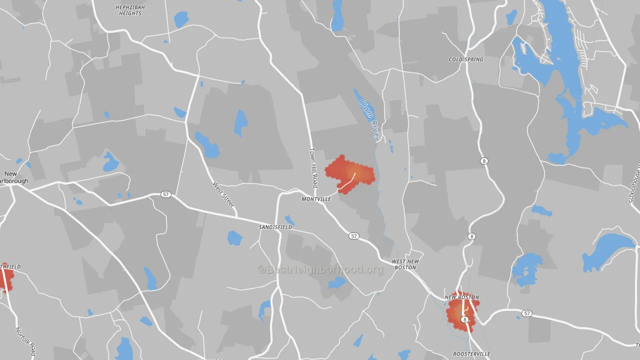 Walk Grade map of Sandisfield, MA, walkable areas in green and car-dependent areas in red