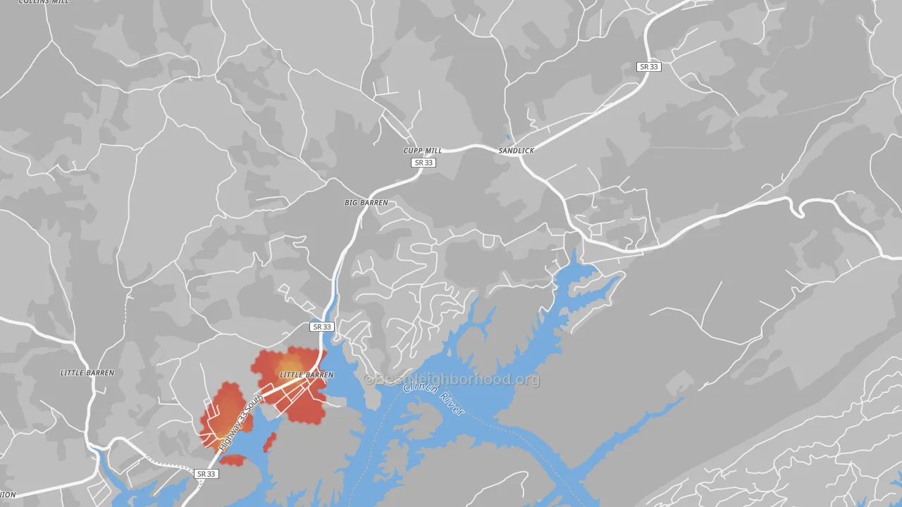 Walk Grade map of Sandlick, TN, walkable areas in green and car-dependent areas in red