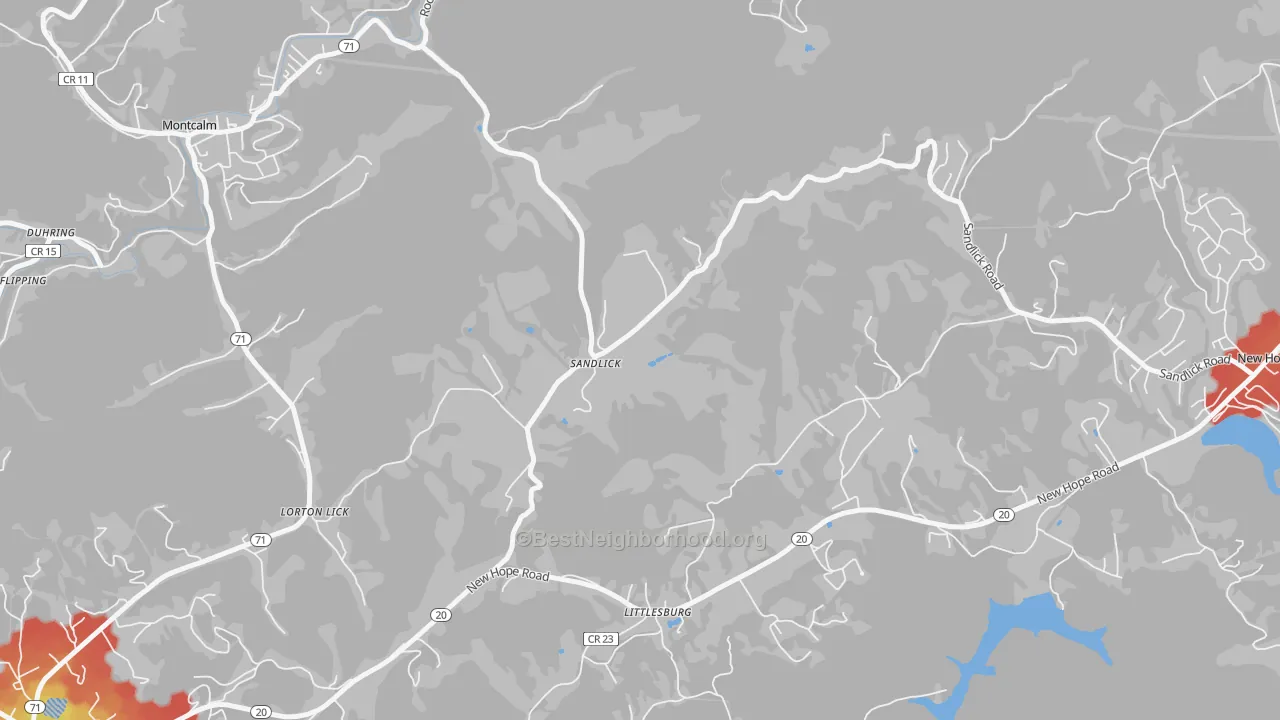 Walk Grade map of Sandlick, WV, walkable areas in green and car-dependent areas in red