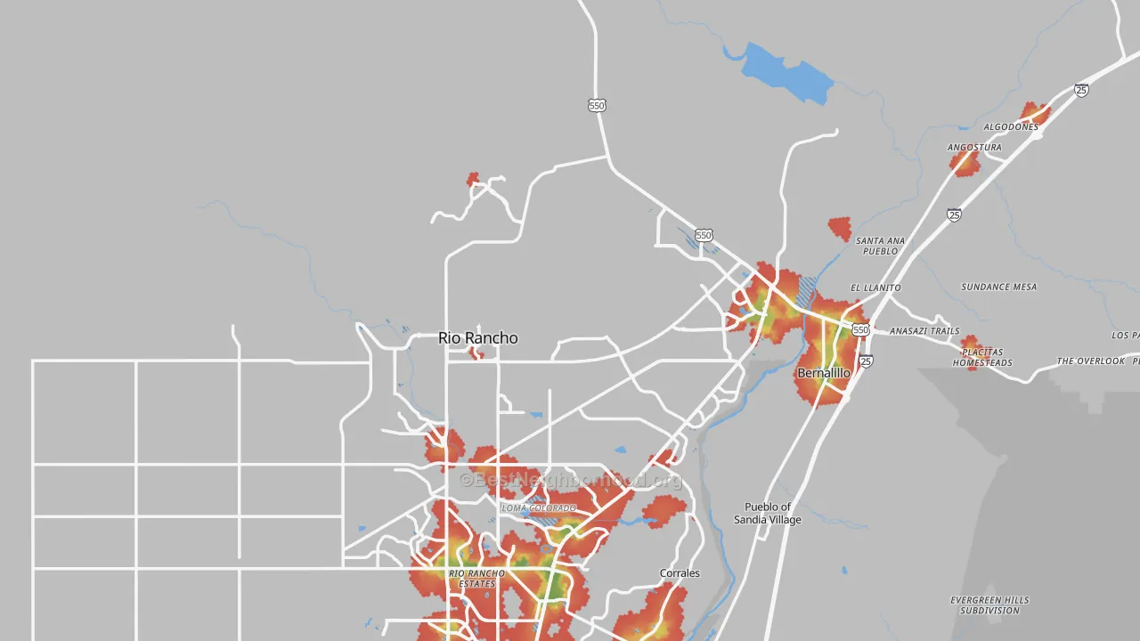 Walk Grade map of Sandoval County, NM, walkable areas in green and car-dependent areas in red
