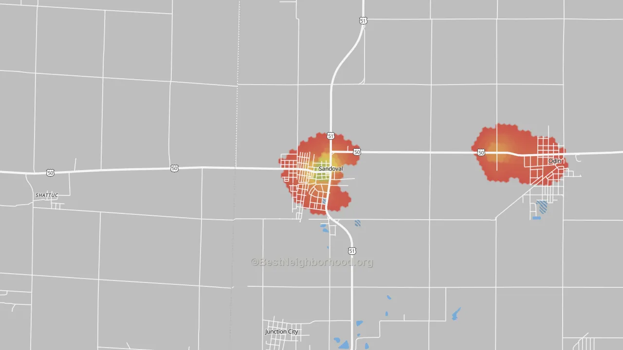 Walk Grade map of Sandoval, IL, walkable areas in green and car-dependent areas in red