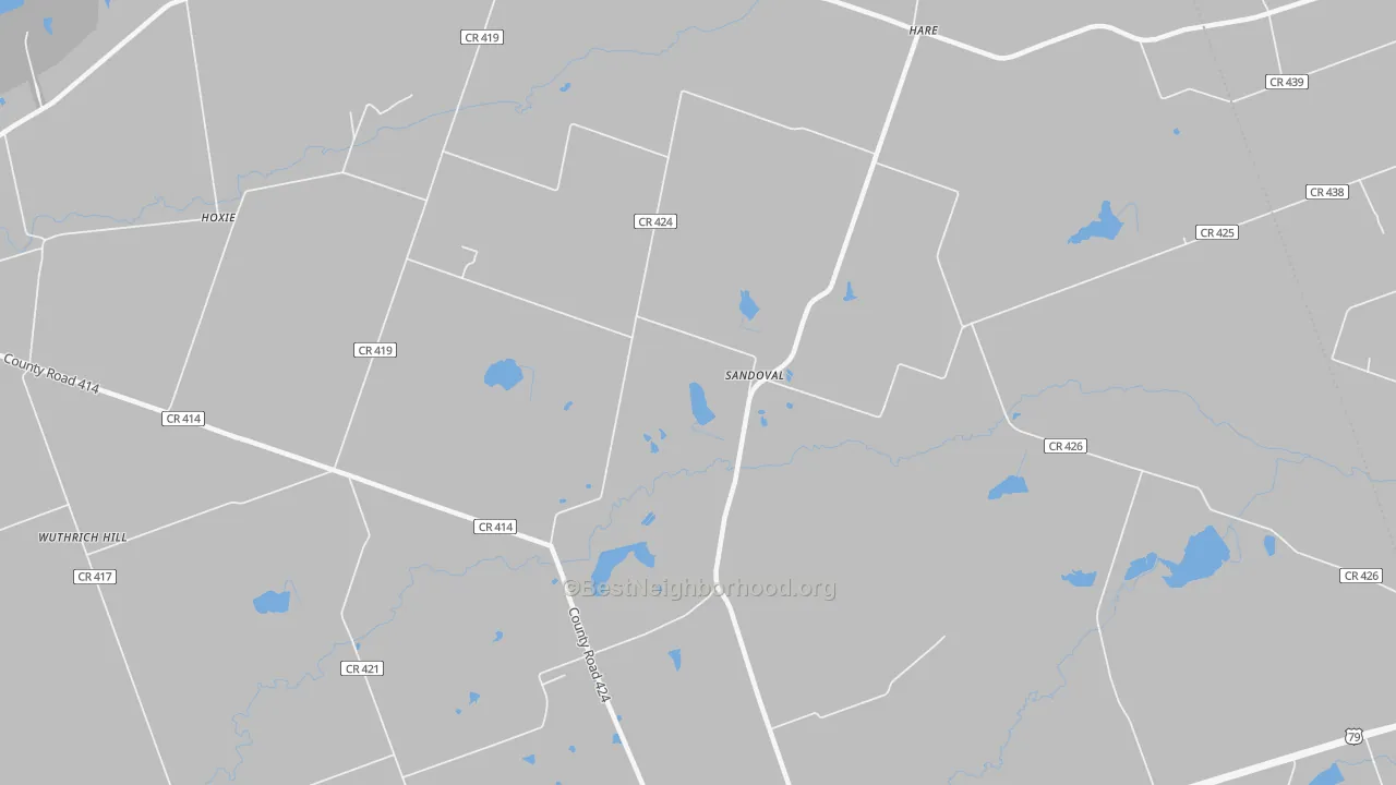 Walk Grade map of Sandoval, TX, walkable areas in green and car-dependent areas in red