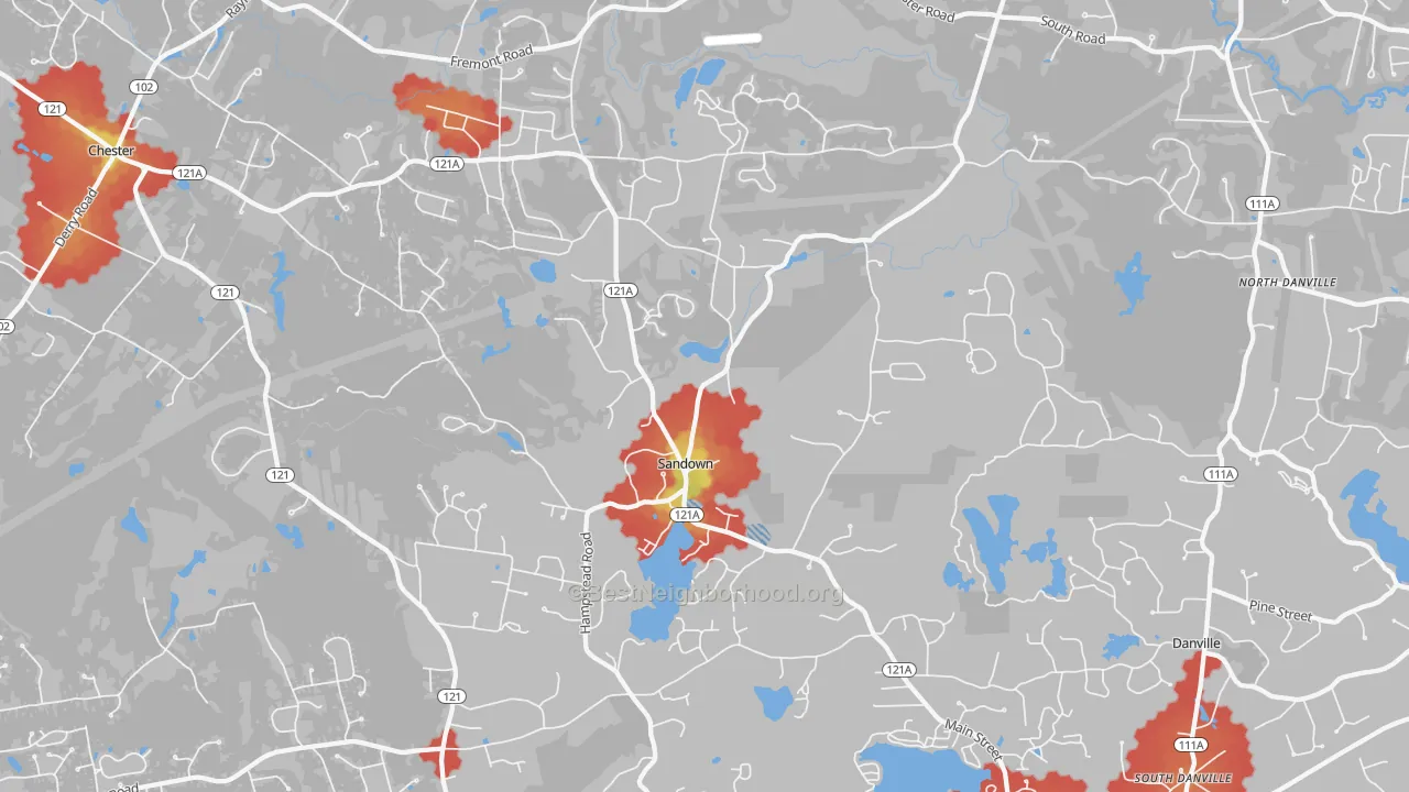 Walk Grade map of Sandown, NH, walkable areas in green and car-dependent areas in red