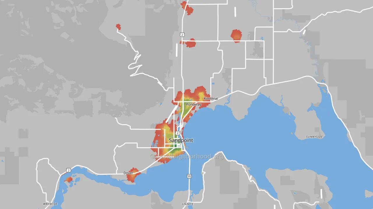 Walk Grade map of Sandpoint, ID, walkable areas in green and car-dependent areas in red