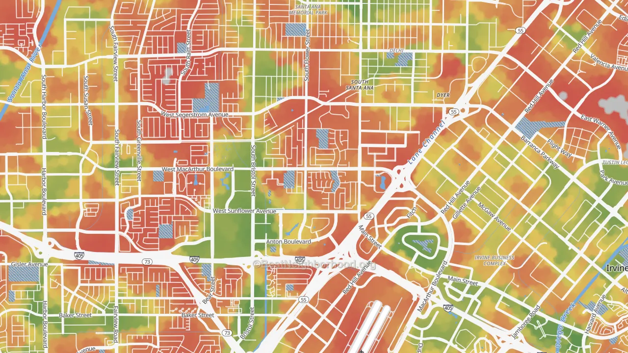 Walk Grade map of Sandpointe, Santa Ana, CA, walkable areas in green and car-dependent areas in red