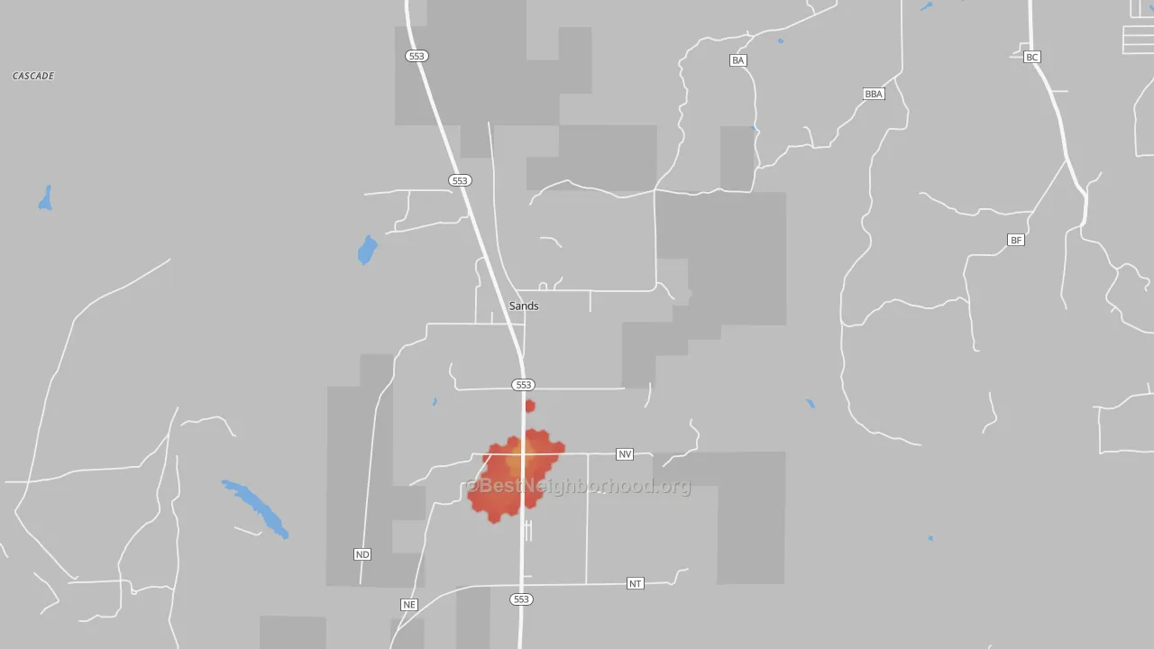 Walk Grade map of Sands, MI, walkable areas in green and car-dependent areas in red