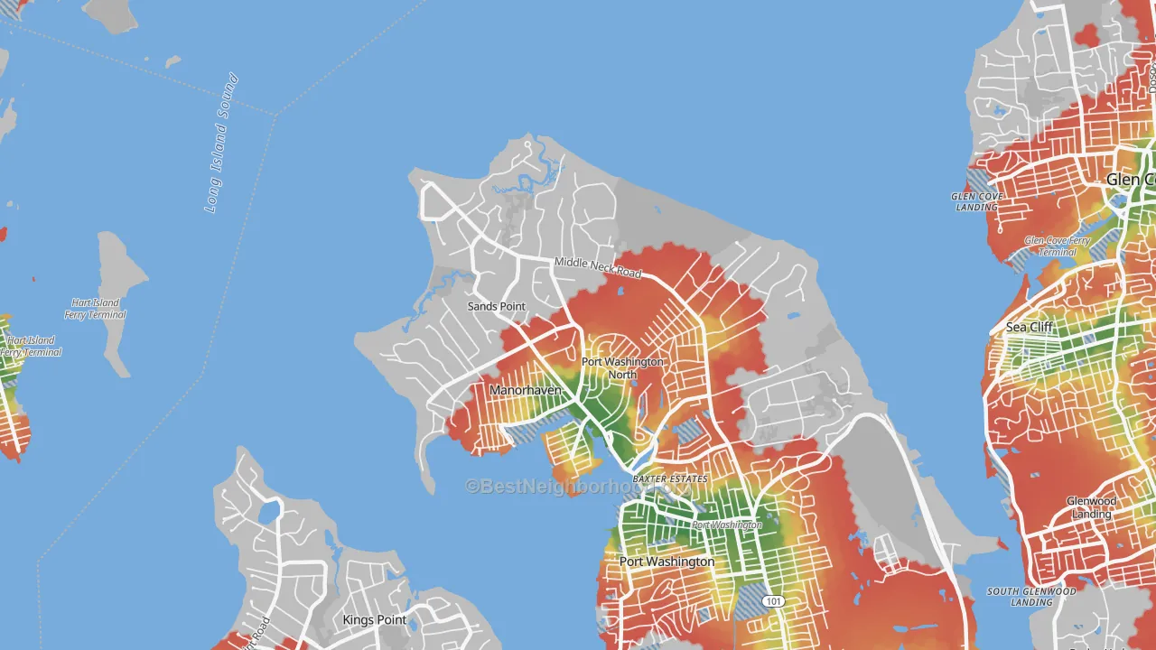 Walk Grade map of Sands Point, NY, walkable areas in green and car-dependent areas in red