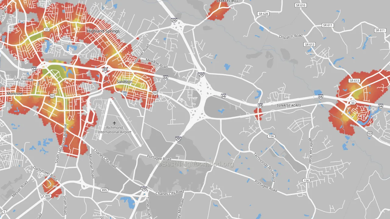 Walk Grade map of Sandston, VA, walkable areas in green and car-dependent areas in red