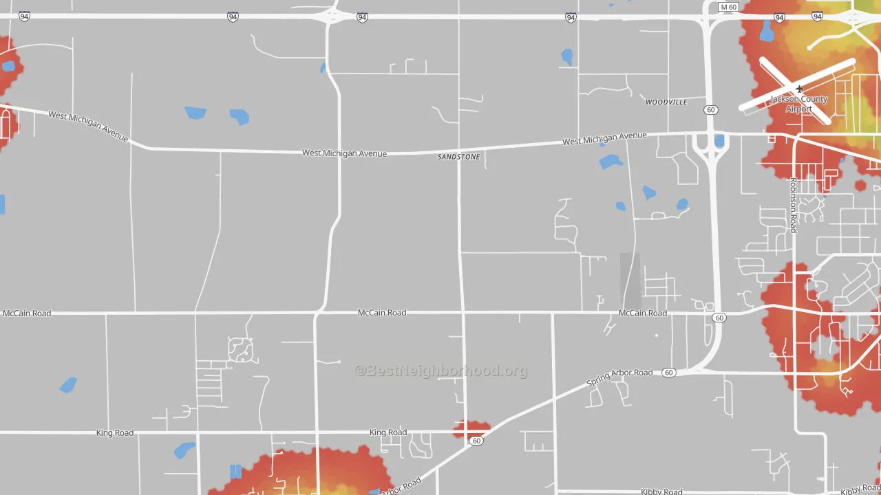 Walk Grade map of Sandstone, MI, walkable areas in green and car-dependent areas in red