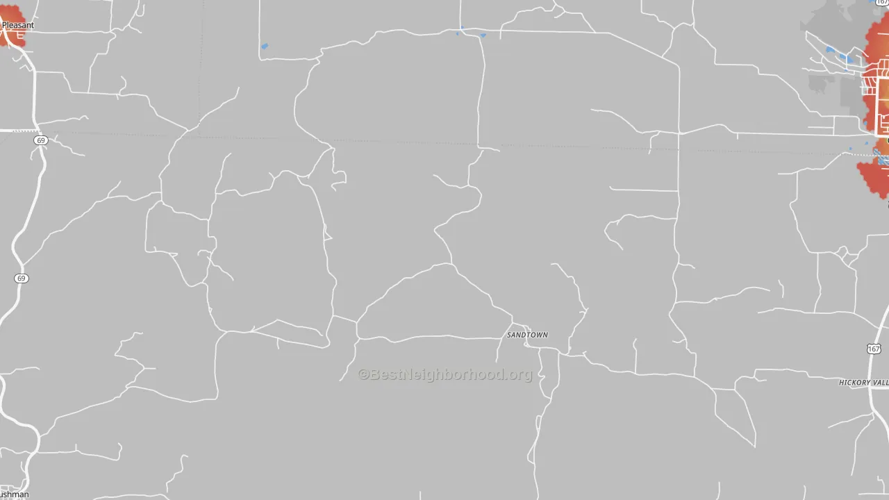 Walk Grade map of Sandtown, AR, walkable areas in green and car-dependent areas in red