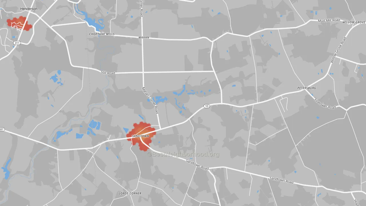 Walk Grade map of Sandtown, DE, walkable areas in green and car-dependent areas in red