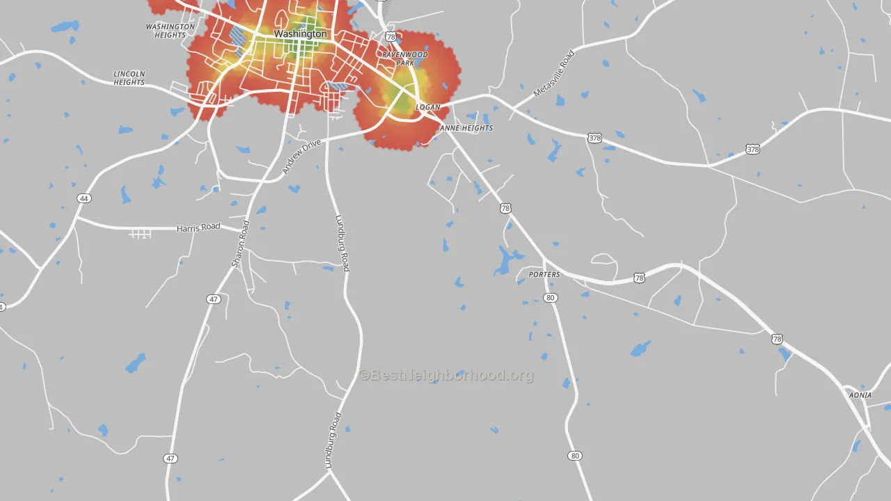 Walk Grade map of Sandtown, GA, walkable areas in green and car-dependent areas in red